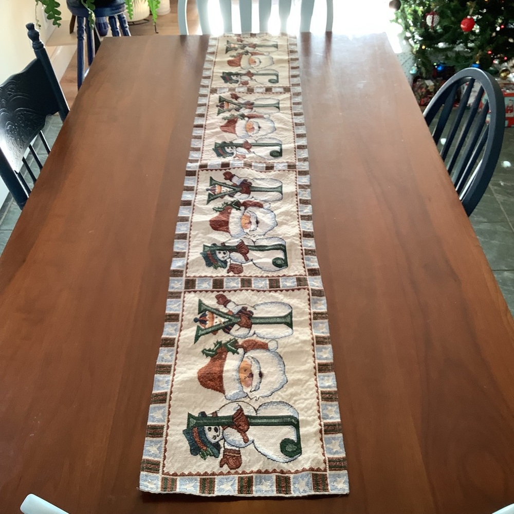 Vintage 90s Christmas Tapestry Table Runner – Santa & Snowmen Form Word "JOY" - Picture 3 of 10
